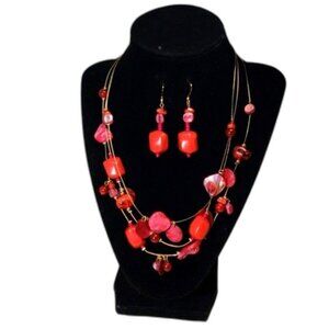 Gold Tone Layered Red Seashell Beads Illusion Necklace w/ Matching Earrings, 20"